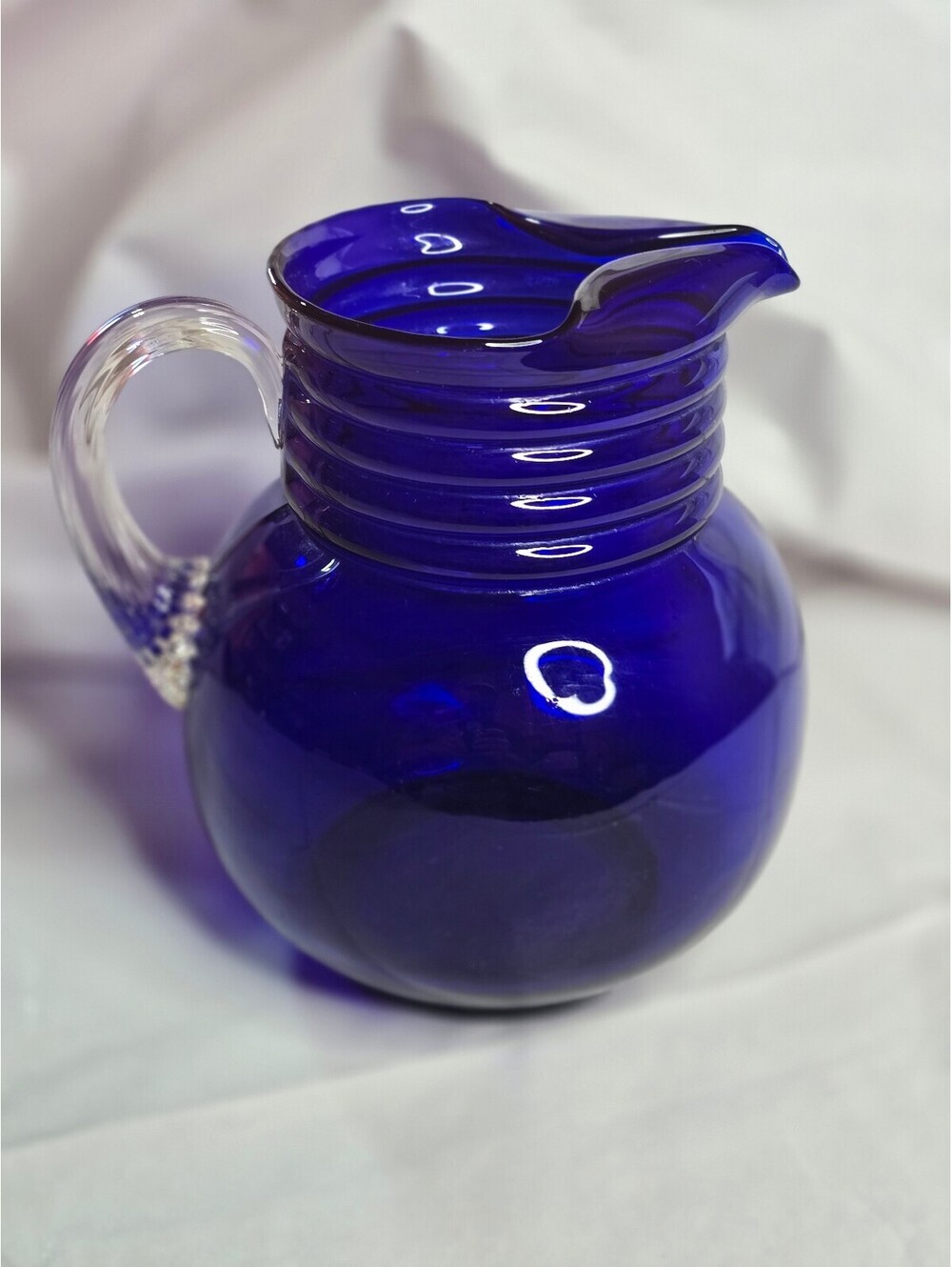 Vintage Cobalt Blue Glass Ball Pitcher Jug Ribbed Neck Clear Applied Handle